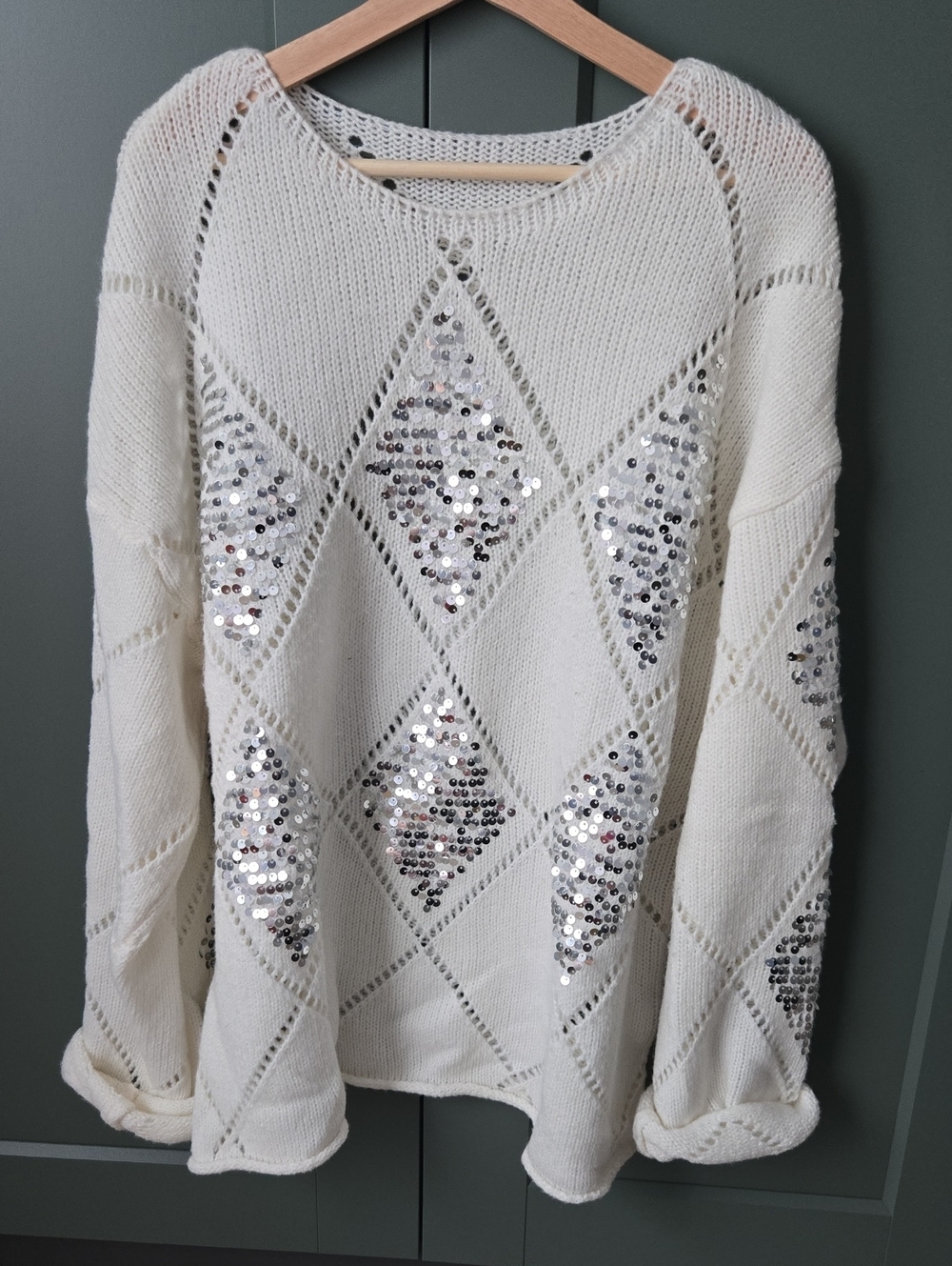 Women's Cream Sequin Diamond Knit Sweater